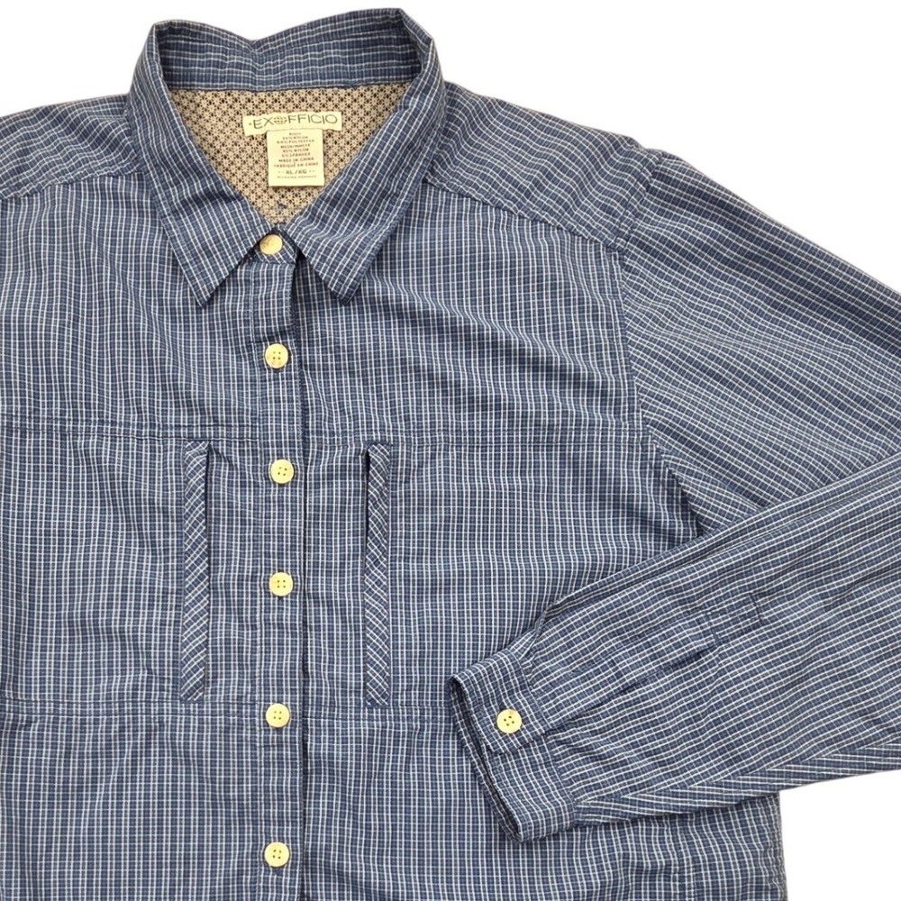 ExOfficio Womens XL Blue Plaid Hiking Shirt Mesh Yoke Roll Tab Pockets